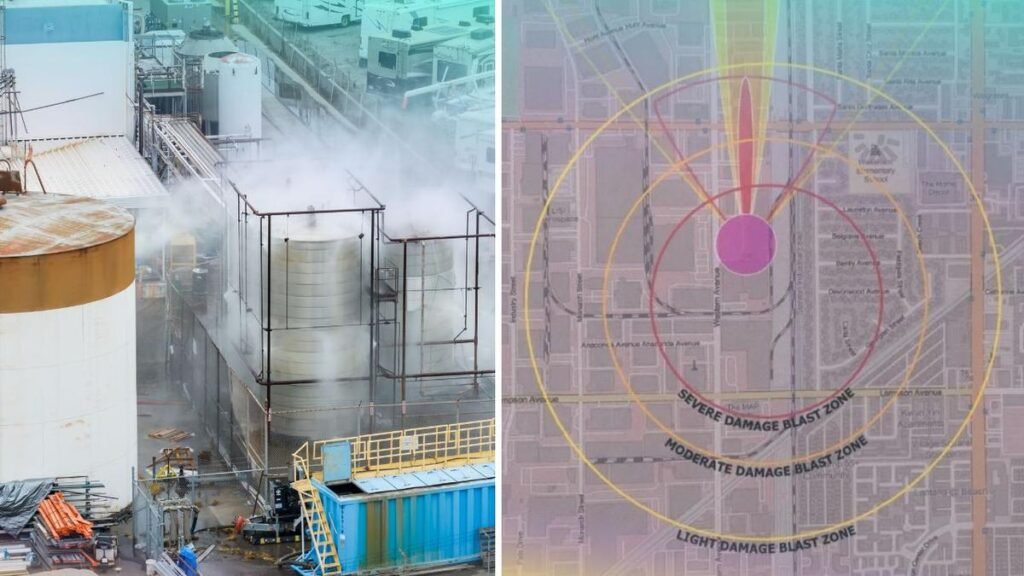 Una posible grieta en un tanque de químicos tóxicos en